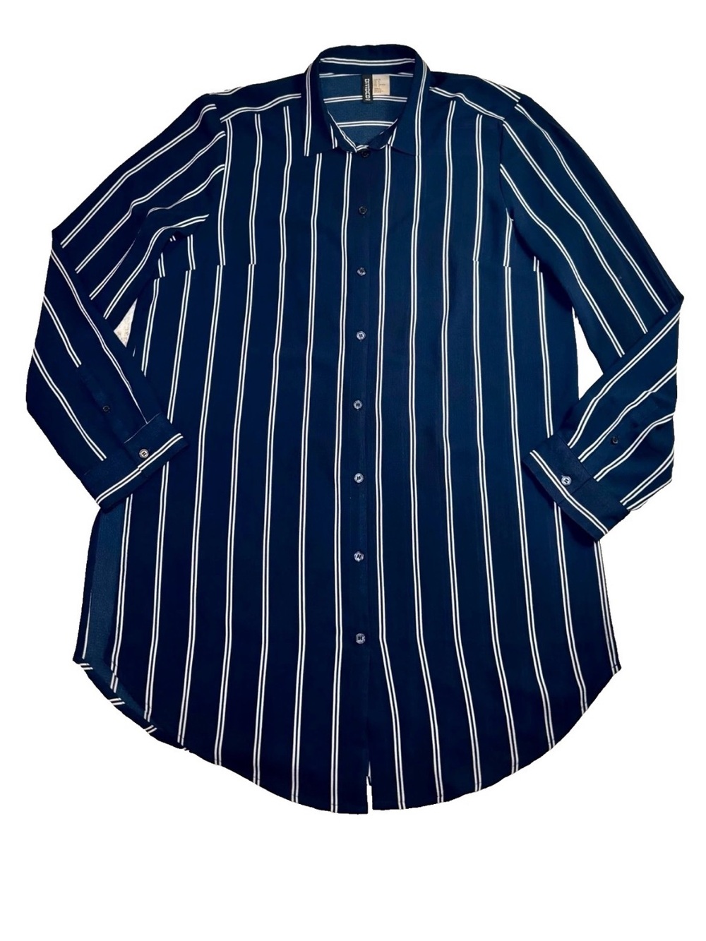 H&M Navy and White Striped Long Sleeve Button-Up Blouse